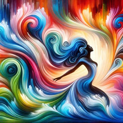 The primary subject of the image is a woman with long hair, who is the main focus of the scene. She is depicted in a painting or digital artwork, which gives the image a visual style that is artistic and creative. The setting or background features a colorful and vibrant environment, with a mix of blue, green, and red hues. The overall atmosphere of the image is lively and dynamic, as the woman appears to be dancing or moving through the colorful landscape.